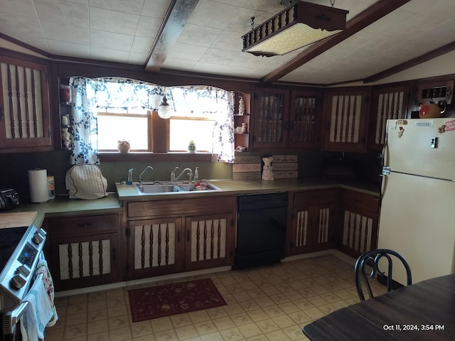 kitchen featuring stove, sink, white fridge, black dishwasher, and vaulted ceiling