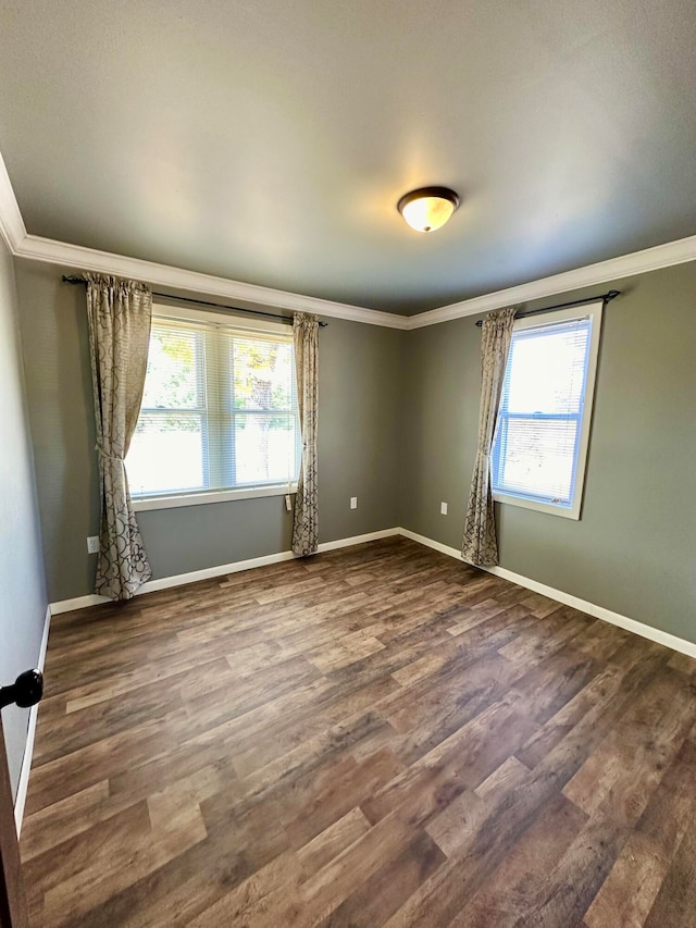 empty room featuring dark wood-type flooring and crown molding