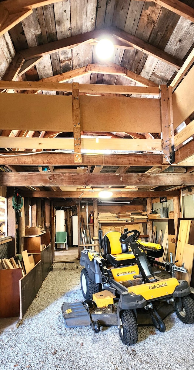 garage featuring wooden ceiling