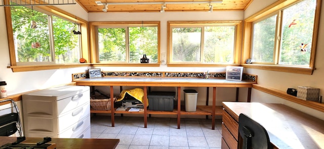 sunroom / solarium featuring lofted ceiling, wood ceiling, track lighting, and a healthy amount of sunlight