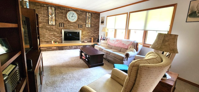 carpeted living room with a fireplace, crown molding, and brick wall