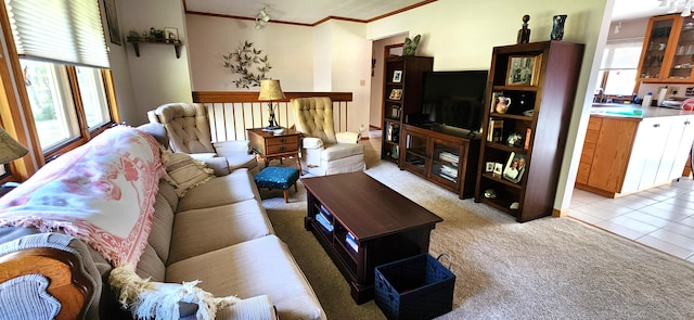 tiled living room featuring crown molding