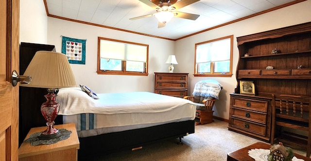 bedroom with light carpet, crown molding, and ceiling fan