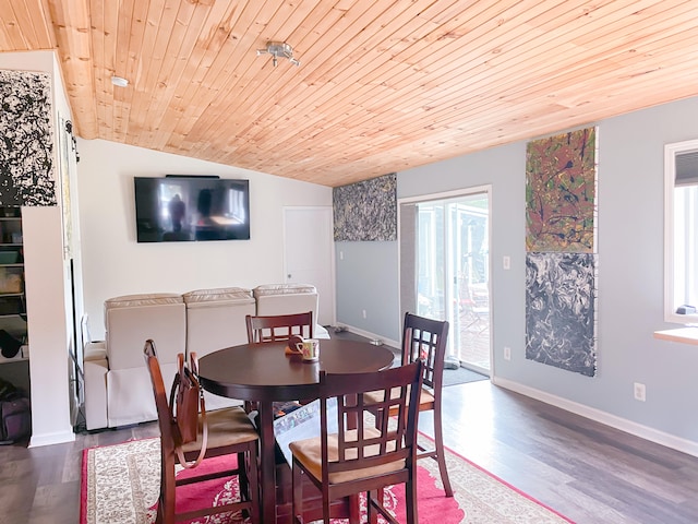 dining space featuring lofted ceiling, wooden ceiling, and wood-type flooring