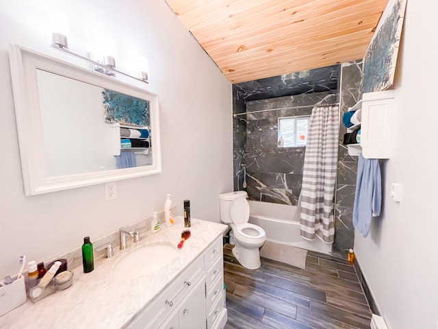 full bathroom featuring vanity, wood ceiling, toilet, shower / bath combo, and hardwood / wood-style floors