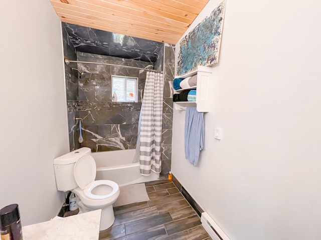 bathroom with shower / tub combo with curtain, hardwood / wood-style floors, toilet, and wooden ceiling