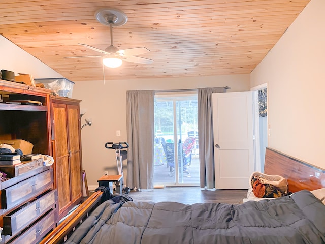 bedroom with ceiling fan, lofted ceiling, wood-type flooring, wooden ceiling, and access to exterior