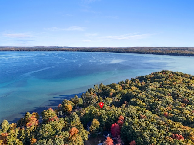 drone / aerial view with a water view