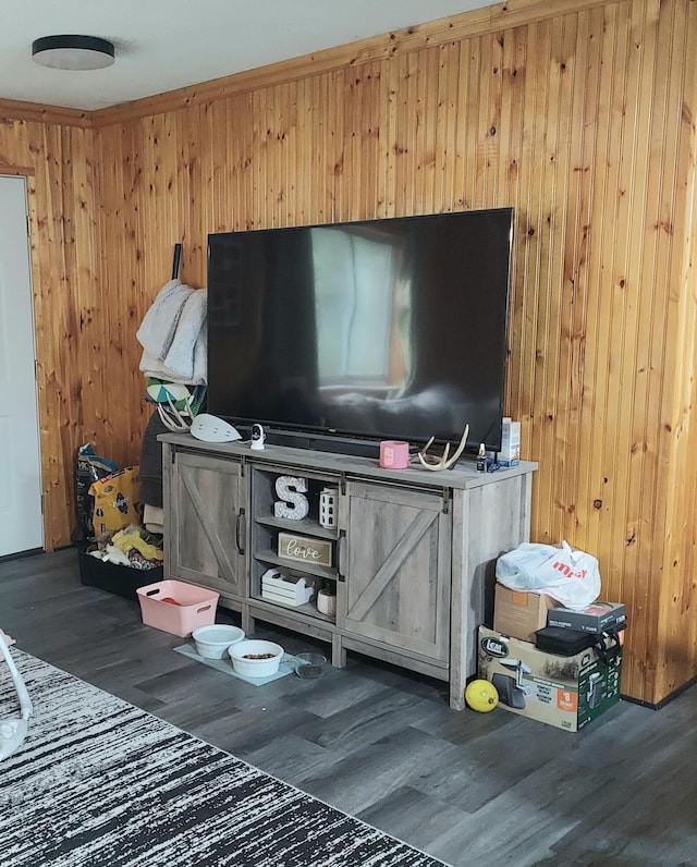 exterior space featuring dark wood-type flooring and wood walls