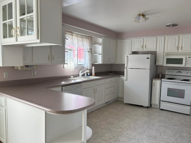 kitchen with white appliances, sink, kitchen peninsula, and white cabinets