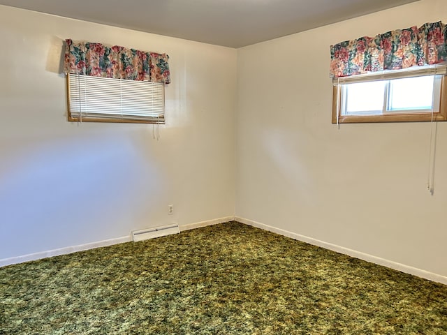 carpeted empty room featuring a baseboard radiator