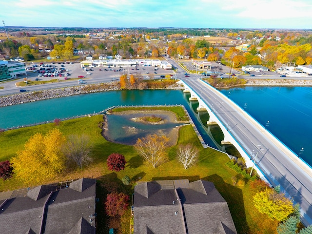 drone / aerial view featuring a water view