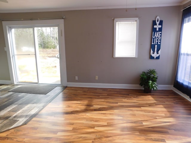 unfurnished room featuring light hardwood / wood-style flooring, a wealth of natural light, and ornamental molding