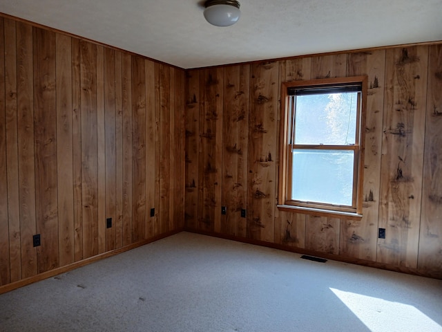 empty room with wooden walls and light colored carpet