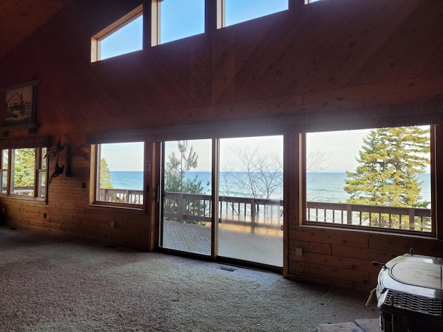 unfurnished sunroom featuring a water view and lofted ceiling