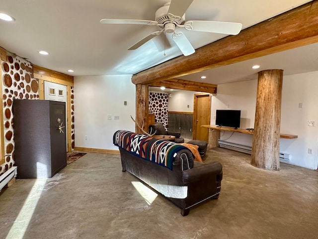 living room with beamed ceiling, a baseboard heating unit, concrete flooring, and ceiling fan