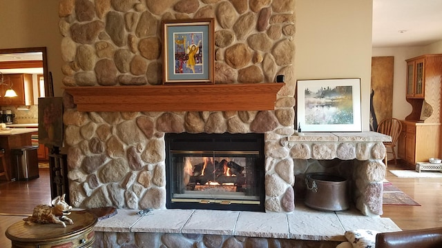 room details with a stone fireplace and wood finished floors