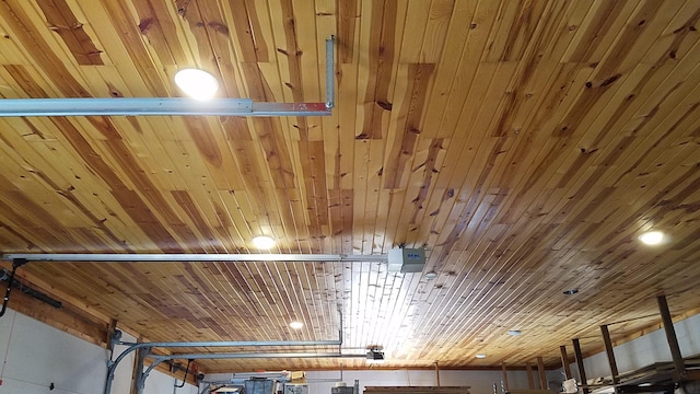 interior details featuring a garage door opener, wooden ceiling, and wooden walls