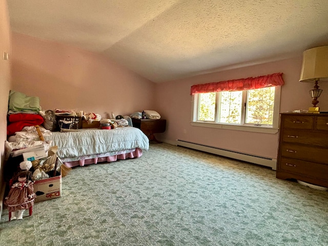 bedroom featuring a textured ceiling, carpet flooring, a baseboard radiator, and vaulted ceiling