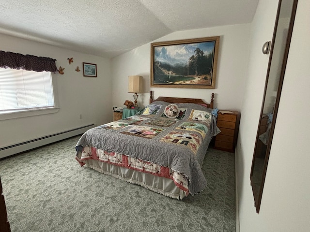 carpeted bedroom with lofted ceiling, a textured ceiling, and a baseboard radiator