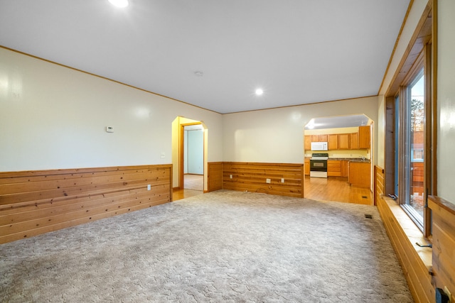 carpeted spare room featuring crown molding and wooden walls