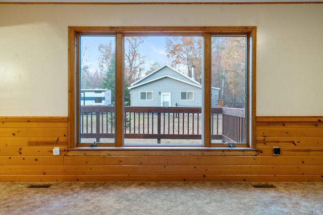 carpeted spare room featuring a wealth of natural light and wooden walls