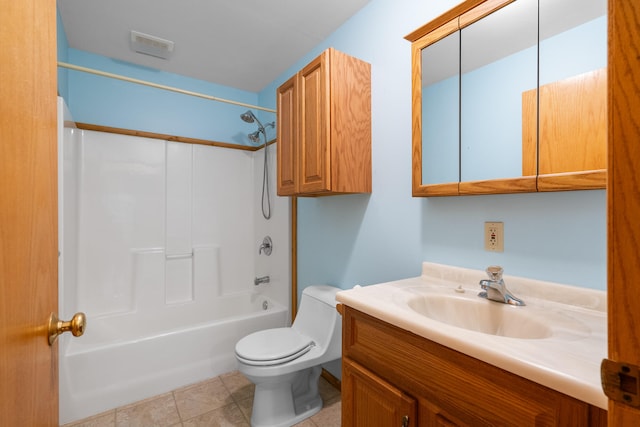 full bathroom featuring vanity, toilet, shower / bathing tub combination, and tile patterned flooring