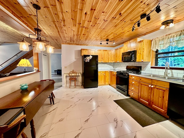 kitchen with sink, black appliances, hanging light fixtures, wood ceiling, and decorative backsplash