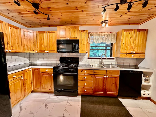 kitchen featuring wooden ceiling, sink, black appliances, and decorative backsplash