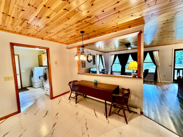 rec room with wooden ceiling, ceiling fan with notable chandelier, plenty of natural light, and washer and clothes dryer