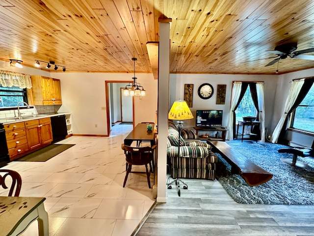 living room with ceiling fan with notable chandelier, lofted ceiling, sink, and wood ceiling