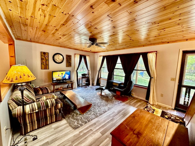 living room featuring light wood-type flooring, plenty of natural light, ceiling fan, and wood ceiling