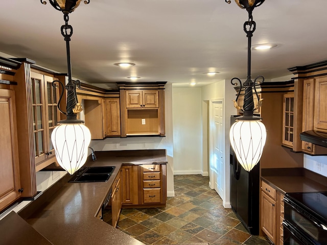 kitchen with pendant lighting, sink, range hood, black range with electric cooktop, and refrigerator with ice dispenser