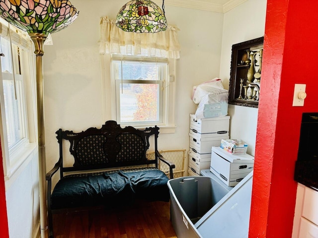 sitting room featuring ornamental molding and wood finished floors