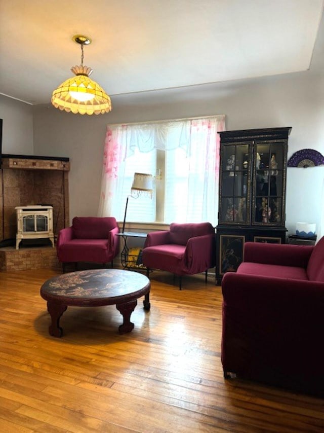 living area with a wood stove and wood finished floors