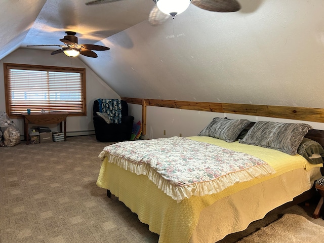 bedroom featuring vaulted ceiling, ceiling fan, a baseboard radiator, and carpet floors