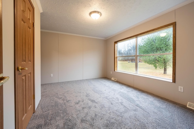 carpeted spare room featuring a textured ceiling and ornamental molding