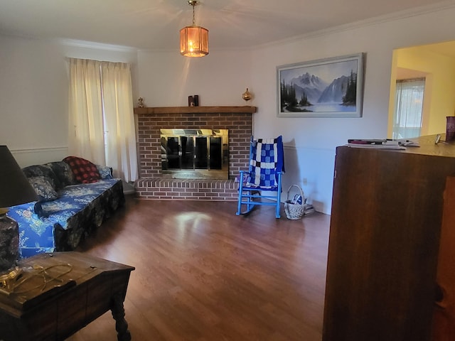 living room featuring wood-type flooring, ornamental molding, and a fireplace