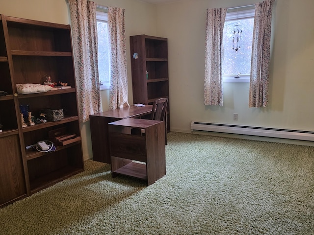 carpeted home office with a baseboard heating unit