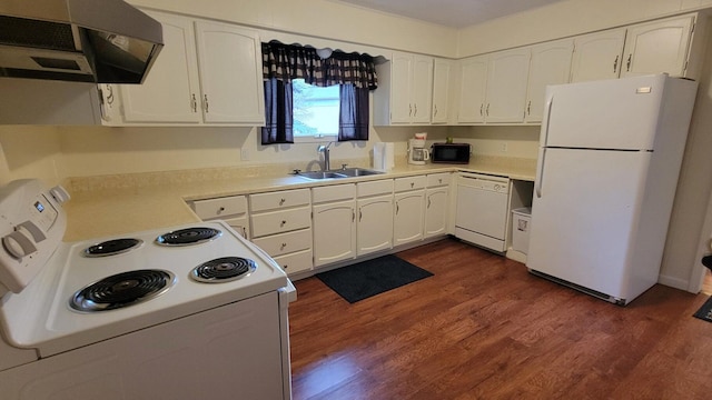 kitchen with extractor fan, sink, white cabinets, dark wood-type flooring, and white appliances