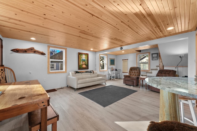 living room with wooden ceiling and light hardwood / wood-style floors