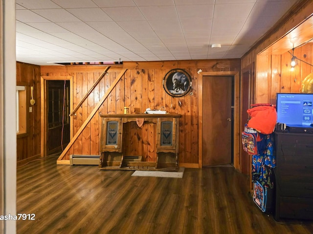 bar with a baseboard heating unit, dark hardwood / wood-style flooring, and wood walls