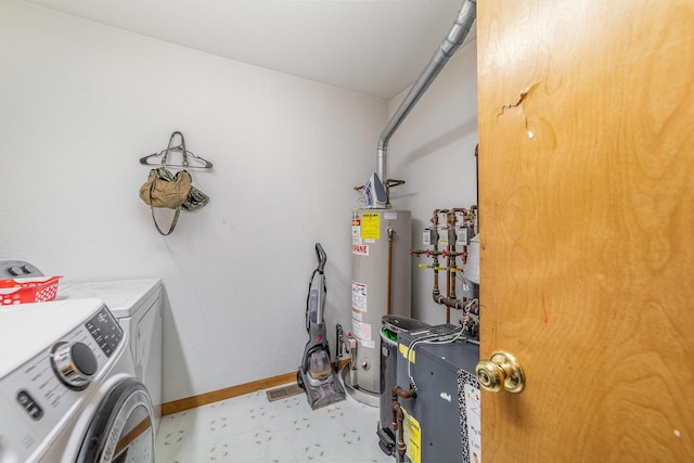 laundry area with washing machine and dryer and gas water heater