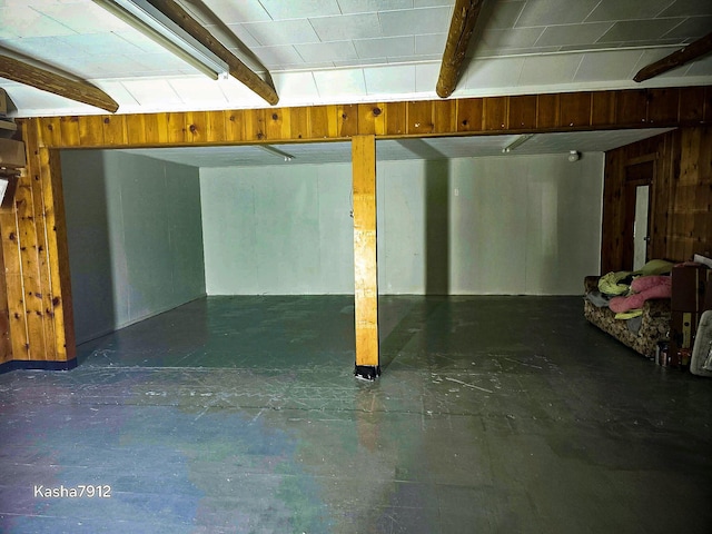 basement with wood walls