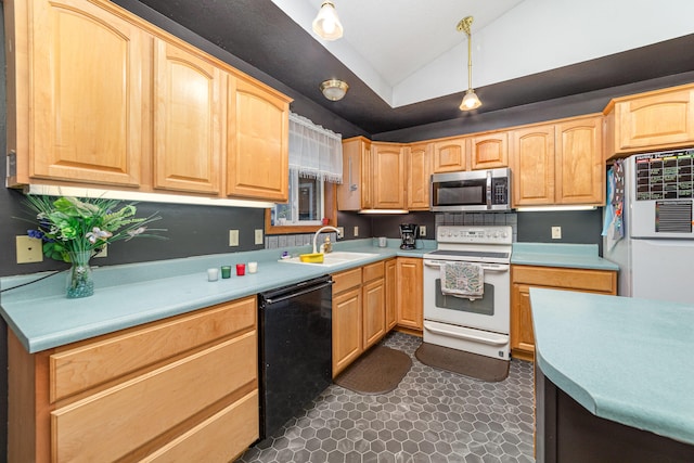 kitchen featuring white appliances, light brown cabinetry, sink, decorative light fixtures, and lofted ceiling