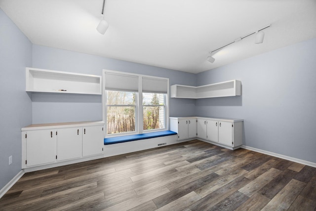 interior space featuring dark hardwood / wood-style floors and rail lighting