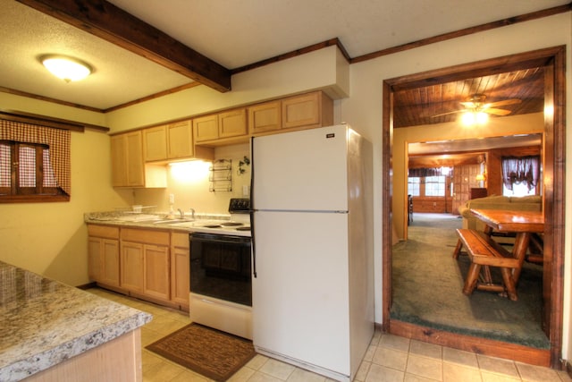 kitchen with ceiling fan, light tile patterned floors, white appliances, and light brown cabinetry