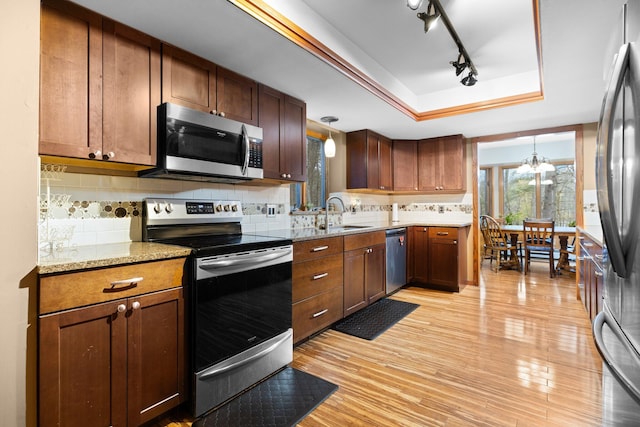 kitchen with hanging light fixtures, light hardwood / wood-style floors, appliances with stainless steel finishes, and a tray ceiling