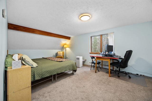 carpeted bedroom featuring a textured ceiling, a baseboard heating unit, and lofted ceiling with beams