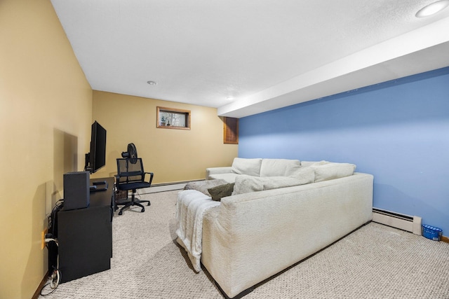 carpeted living room featuring a baseboard radiator